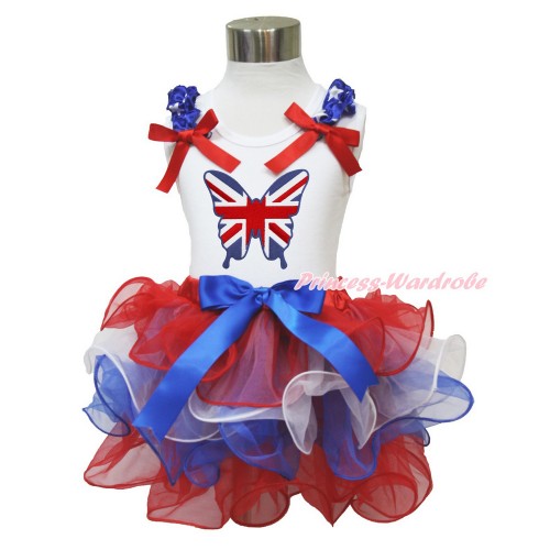 American's Birthday White Baby Pettitop with Patriotic American Star Ruffles & Red Bow with Patriotic British Butterfly Print with Royal Blue Bow Red White Blue Petal Newborn Pettiskirt NN202